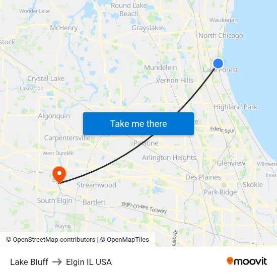 Lake Bluff to Elgin IL USA map