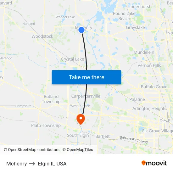 Mchenry to Elgin IL USA map