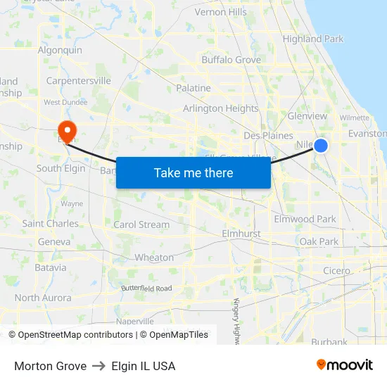 Morton Grove to Elgin IL USA map