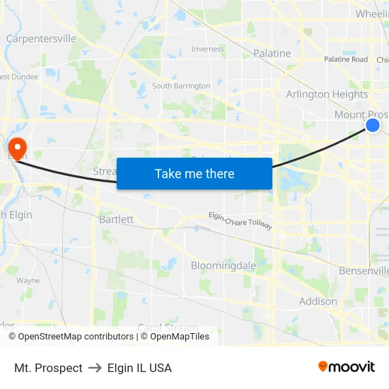 Mt. Prospect to Elgin IL USA map