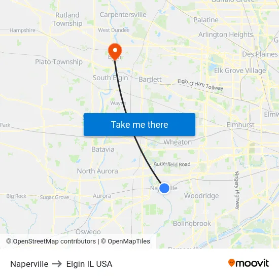 Naperville to Elgin IL USA map