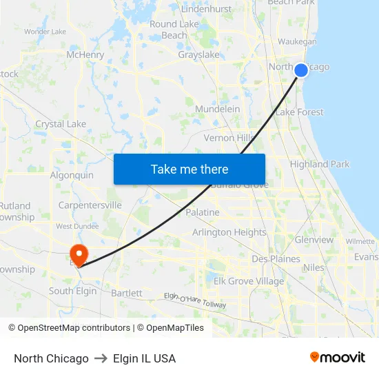 North Chicago to Elgin IL USA map