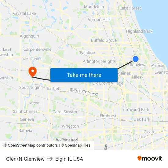 Glen/N.Glenview to Elgin IL USA map