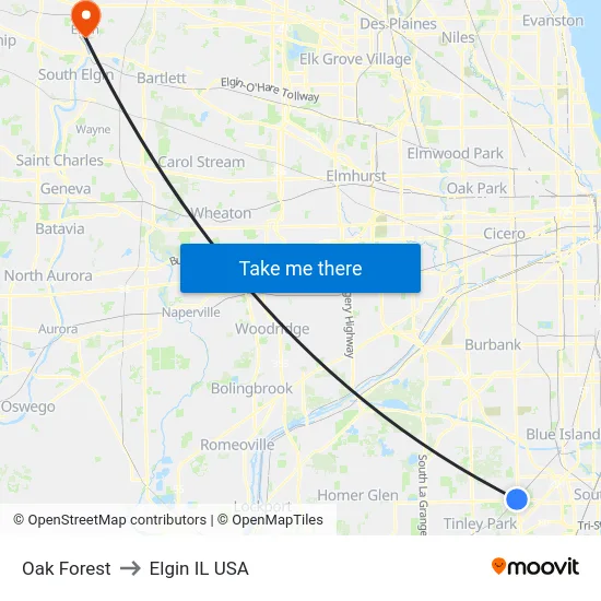 Oak Forest to Elgin IL USA map