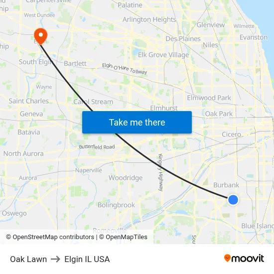 Oak Lawn to Elgin IL USA map