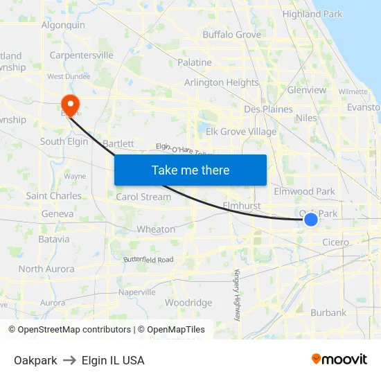 Oakpark to Elgin IL USA map