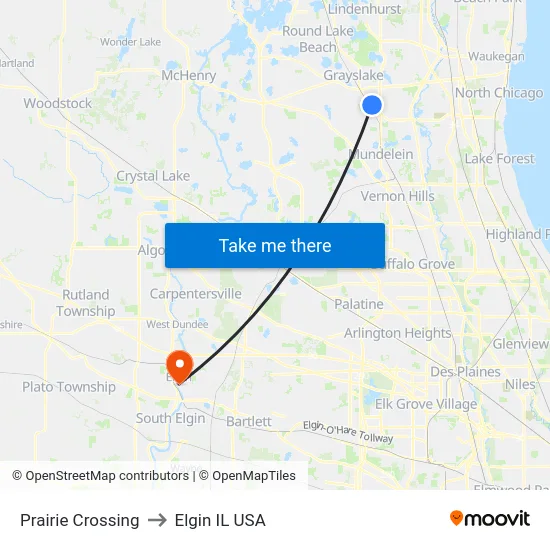 Prairie Crossing to Elgin IL USA map