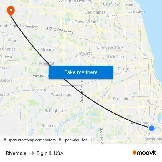 Riverdale to Elgin IL USA map