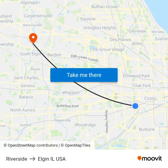 Riverside to Elgin IL USA map