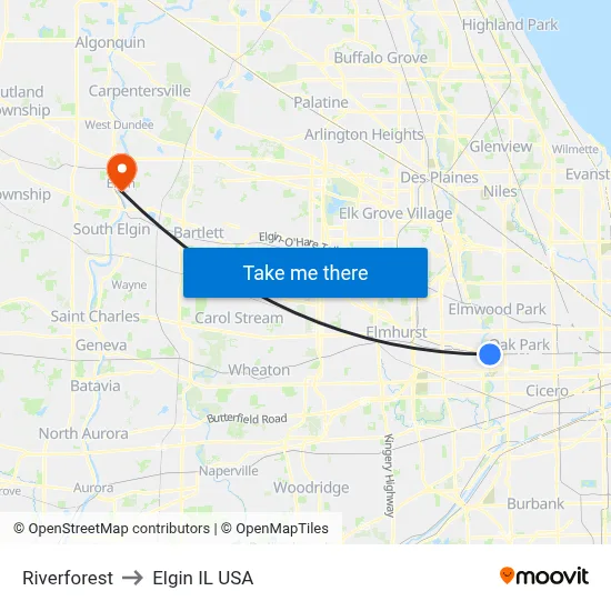 Riverforest to Elgin IL USA map