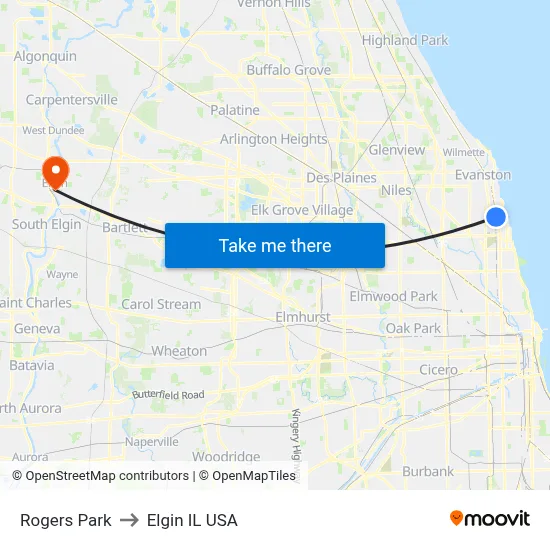 Rogers Park to Elgin IL USA map