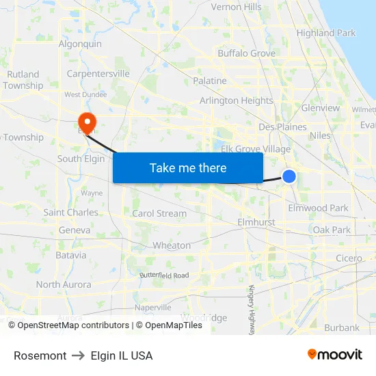 Rosemont to Elgin IL USA map