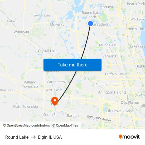 Round Lake to Elgin IL USA map