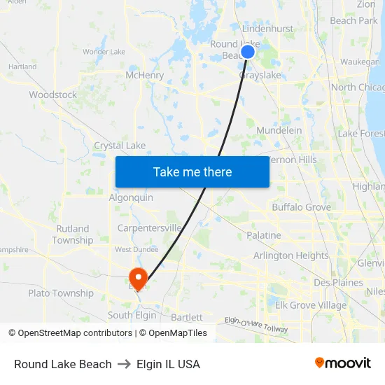 Round Lake Beach to Elgin IL USA map