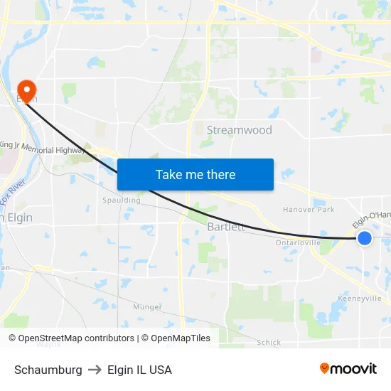 Schaumburg to Elgin IL USA map