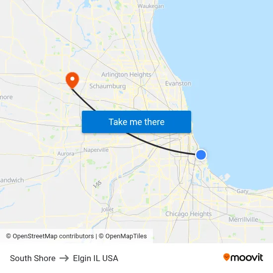 South Shore to Elgin IL USA map