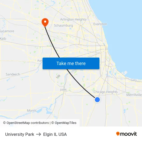 University Park to Elgin IL USA map