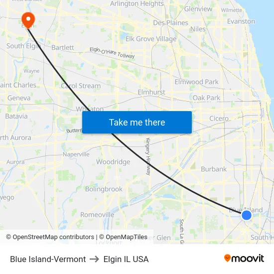 Blue Island-Vermont to Elgin IL USA map