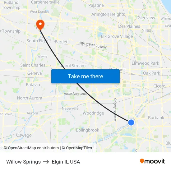 Willow Springs to Elgin IL USA map