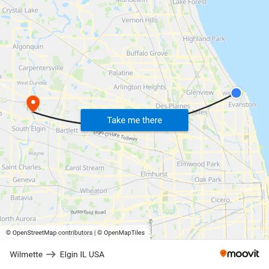 Wilmette to Elgin IL USA map