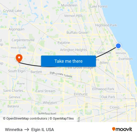 Winnetka to Elgin IL USA map