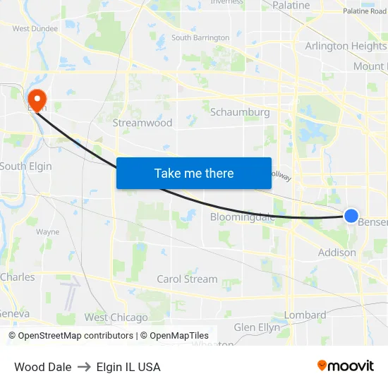 Wood Dale to Elgin IL USA map