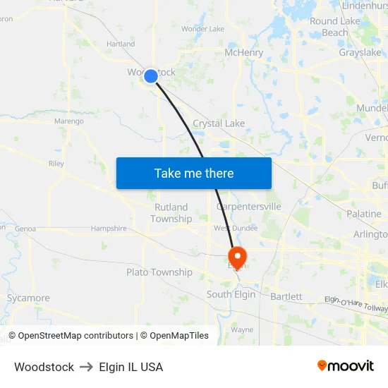 Woodstock to Elgin IL USA map