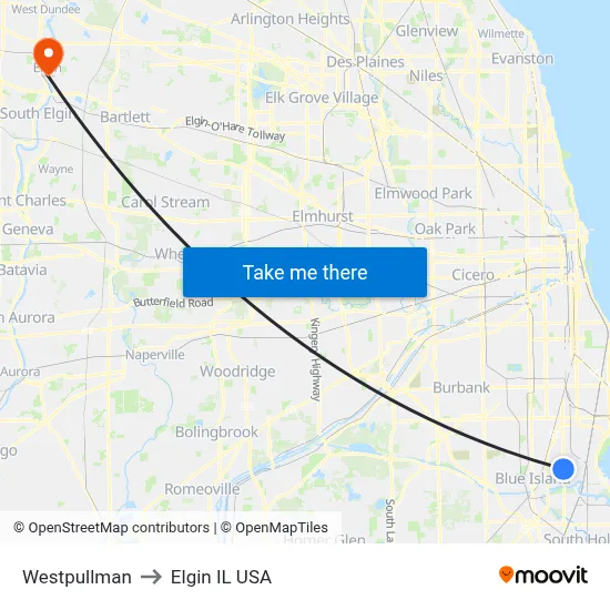 Westpullman to Elgin IL USA map