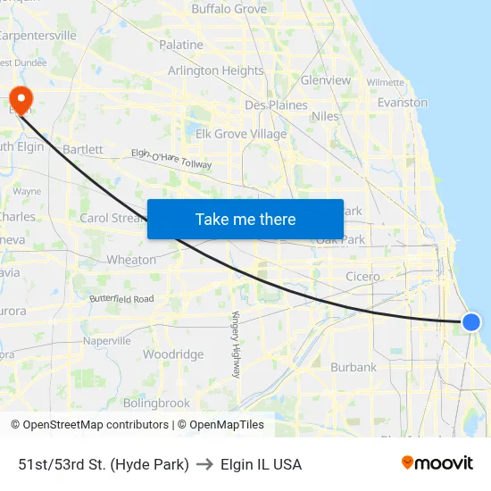 51st/53rd St. (Hyde Park) to Elgin IL USA map