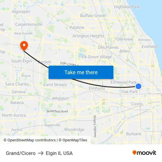 Grand/Cicero to Elgin IL USA map