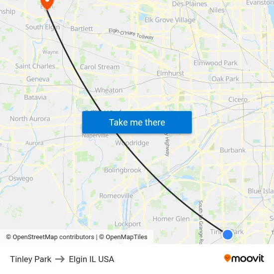 Tinley Park to Elgin IL USA map