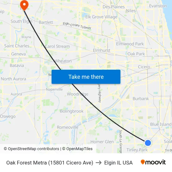 Oak Forest Metra (15801 Cicero Ave) to Elgin IL USA map