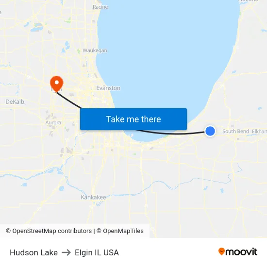 Hudson Lake to Elgin IL USA map