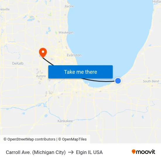 Carroll Ave. (Michigan City) to Elgin IL USA map