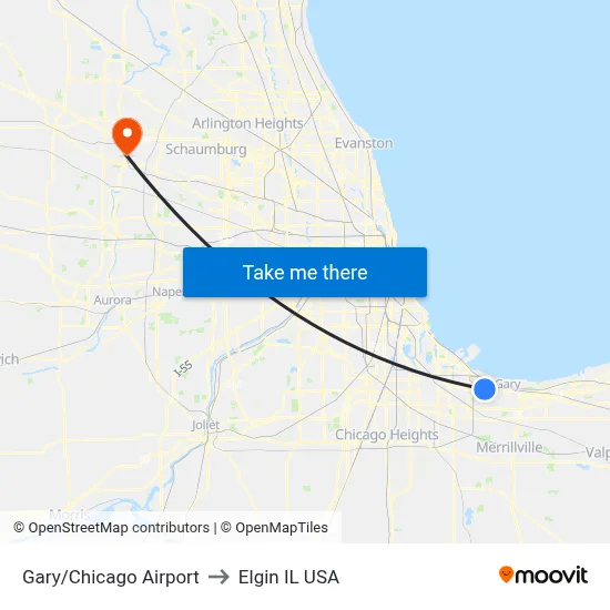 Gary/Chicago Airport to Elgin IL USA map