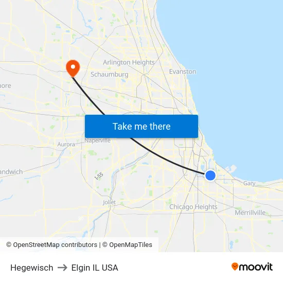 Hegewisch to Elgin IL USA map