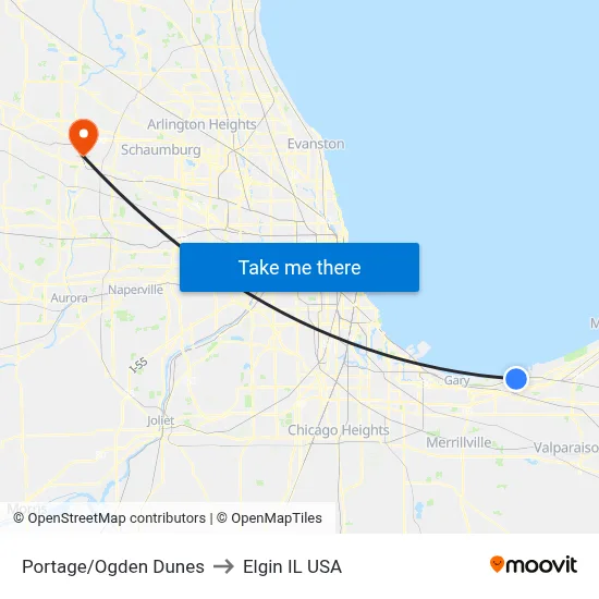 Portage/Ogden Dunes to Elgin IL USA map