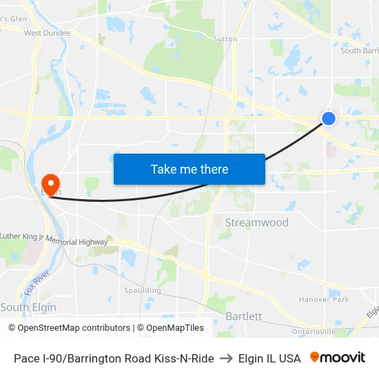 Pace I-90/Barrington Road Kiss-N-Ride to Elgin IL USA map