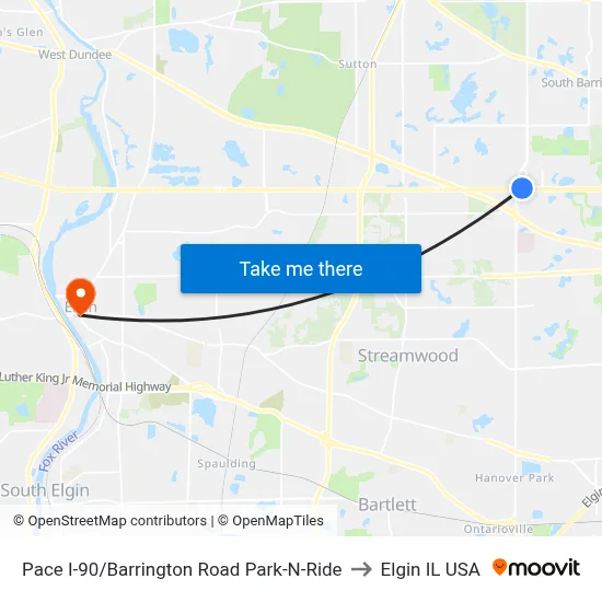 Pace I-90/Barrington Road Park-N-Ride to Elgin IL USA map