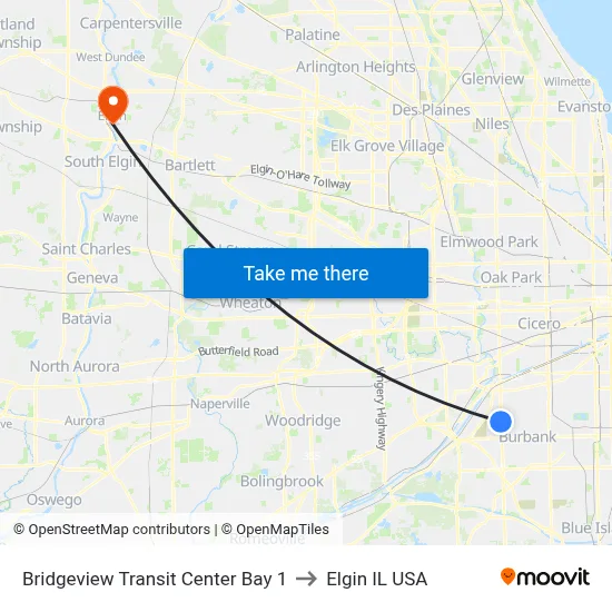 Bridgeview Transit Center Bay 1 to Elgin IL USA map