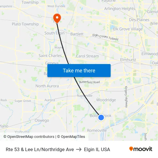 Rte 53 & Lee Ln/Northridge Ave to Elgin IL USA map