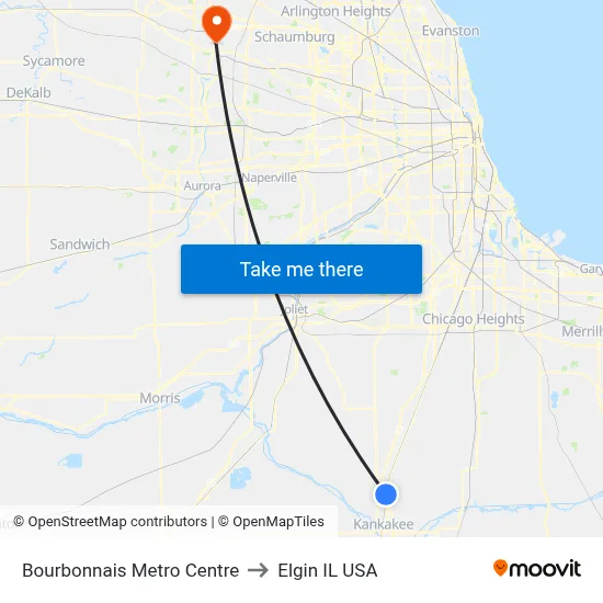 Bourbonnais Metro Centre to Elgin IL USA map