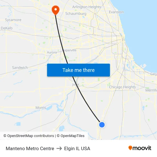 Manteno Metro Centre to Elgin IL USA map