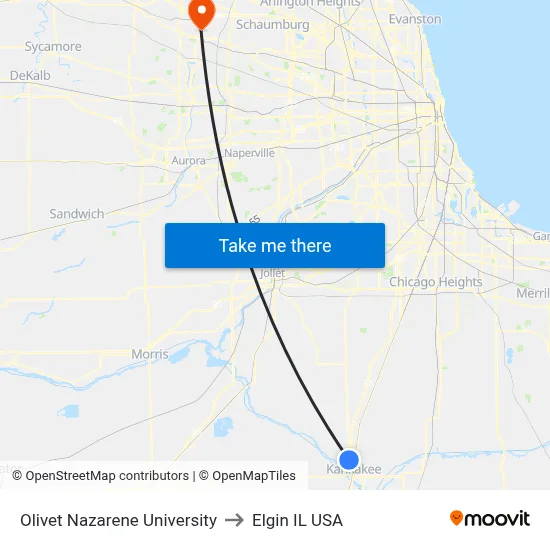 Olivet Nazarene University to Elgin IL USA map