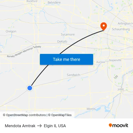 Mendota Amtrak to Elgin IL USA map