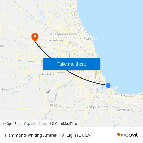 Hammond-Whiting Amtrak to Elgin IL USA map