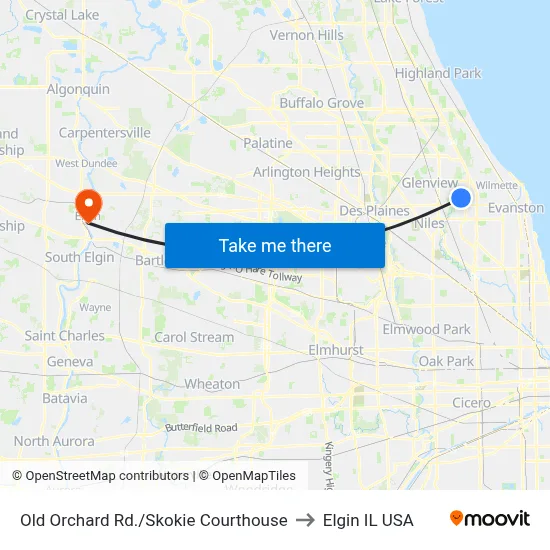 Old Orchard Rd./Skokie Courthouse to Elgin IL USA map