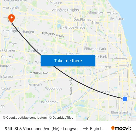 95th St & Vincennes Ave (Ne) - Longwood Metra to Elgin IL USA map