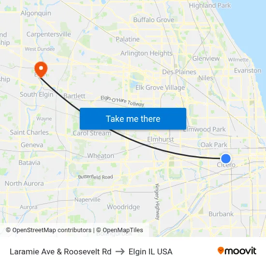 Laramie Ave & Roosevelt Rd to Elgin IL USA map
