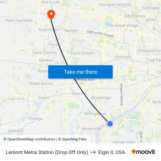 Lemont Metra Station (Drop Off Only) to Elgin IL USA map